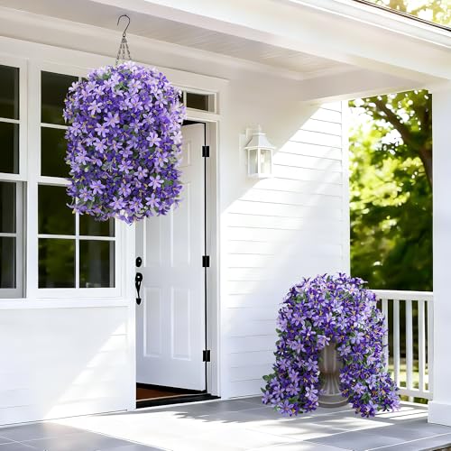 Ivydale Artificial Lily Flowers for Outdoors Fake Hanging Flower Vines for Outside Decoration, UV Resistant 2PCS Faux Plants for Patio Porch Balcony Garden Yard, Purple & Light Purple - color: Purple & Light Purple