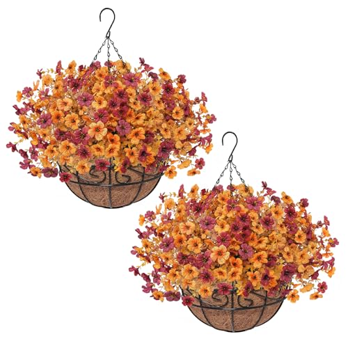 2Pack Fall Artfiticial Hanging Flowers Baskets for Outdoors, UV Resistant Fake Fall Hanging Plants, Faux Orange Flowers for Autumn Home Patio Front Porch Balcony Decor (Yellow Red) - color: Yellow Red