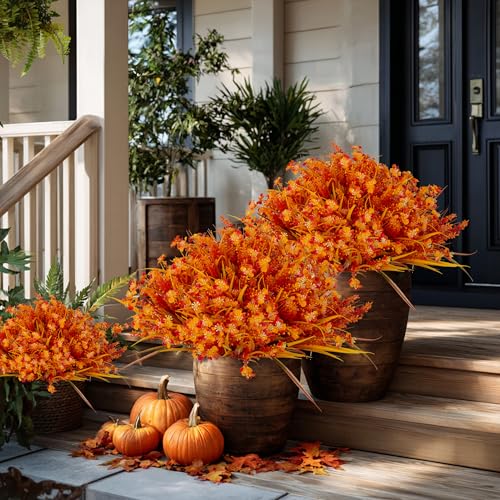 AXYLEX Artificial Fall Flowers Outdoor Fake Mums - 16 Bundles Fake Plants UV Resistant No Fade Faux Plastic Greenery Garden Porch Patio Fall Home Decor (1, OrangeYellow) - color: Orangeyellow