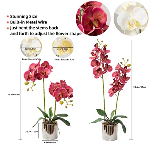 Artificial Orchid Flowers Fuchsia Faux Orchids with Ceramic Vase Vivid Fake Phalaenopsis Flower Arrangement Gorgeous Artificial Plants for Office Desk Wedding Party Exhibition Center&Home Table Decor - color: Fuchsia-silver