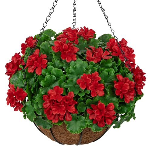 Geraniums Artificial Flowers Hanging Basket for Outdoors, UV Resistant Realistic Artificial Red Geranium Flowers for Outdoor Porch Garden Patio Home Decor - color: Red, size: Medium