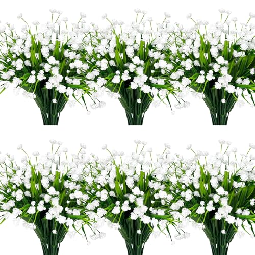 12 Bundles Artificial Flowers for Outdoors Summer Decor, Realistic UV Resistant Fake Plants Faux Plastic Flowers for Outside Planter Home Gardens Patio Porch Yards Spring Cemetery Decor(White) - color: White, size: 12 Bundles