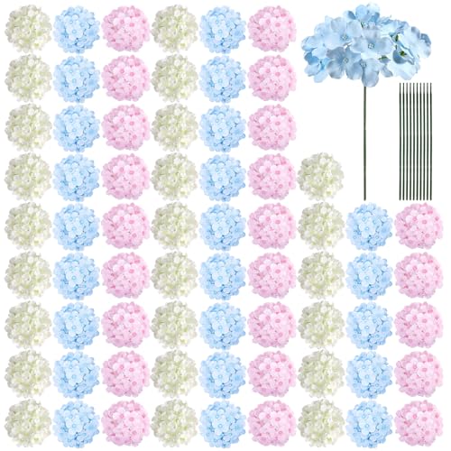 Auihiay 64Pcs Hydrangea Artificial Flowers Bulk, Faux Hydrangea Flowers Heads with Stems for Engagement Baby Shower Wedding Arch Birthday Anniversary Bridal Shower(Mixed Color) - color: White, Blue & Pink