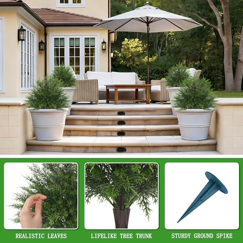 Yangrass 23" Artificial Cedar Topiary Ball Trees with Spike, Set of 2 UV Resistant Fake Evergreen Bushes Shrubs Trees, Realistic Faux Cypress Plants for Outdoor Indoor - color: Fine Cedar