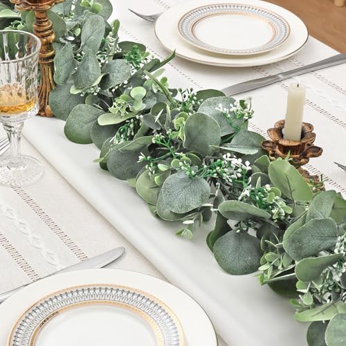 Artificial Eucalyptus Garland, 2Pack Lush Silver Dollar Eucalyptus Leaves Vine Faux Greenery Garland Spring Garland for Mantel Baby Shower Wedding Party Table Room Home Decor - color: Green, size: 2PCS
