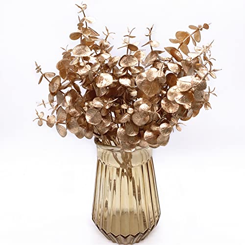 Artificial Gold Plants Decorations, Fake Plastic Golden Eucalyptus Shrubs Faux Simulation Foliage for Christmas Wedding Party Indoor Hotel Hall Home Table Centerpieces DIY Decor Planting Filler 2 Pack - color: Gold Eucalyptus -2 Pcs