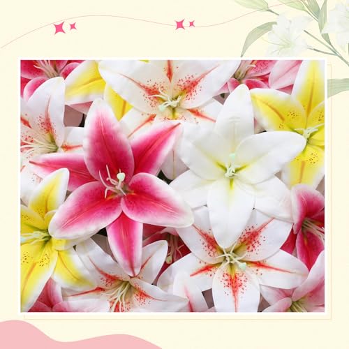 Suncalla 30 Pack Large Artificial Lilies Flower Heads with Realistic Stamens 5.9" Faux Fake Lily Flower Heads Bulk for DIY Crafts Cake Wedding Bridal Wreaths Table Home Party Decor (Multicolor) - color: Multi Color