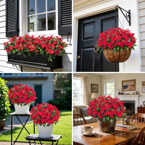 6 Pcs Artificial Flowers for Outdoors Fake Silk Periwinkle Flowers Faux Plants UV Resistant Bouquet Decorations for Planters Spring Summer Garden Porch Patio Window Box Balcony Home, Red - color: Red
