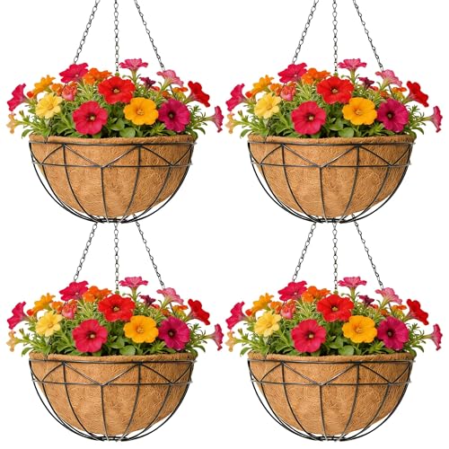 Unique Metal Iron Geometric Hanging Planter Set of 4 Stylish 14 Inch Extra Deep Coco Liner Breathable Heavy Duty Balcony Tree Hanging Basket Drop Weatherproof - size: 14 Inch, style: Geometric