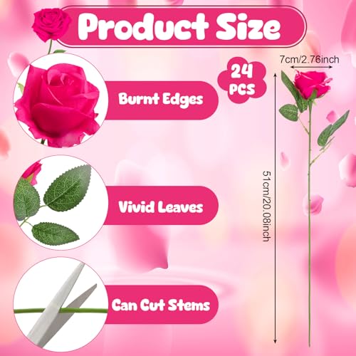 24 Pcs Hot Pink Rose Artificial Flowers with Long Stem Real Touch Silk Roses Bulk for Wedding, Party, Table Centerpieces Bright Pink Bouquet, Bridal, Home Decor - color: Hot Pink
