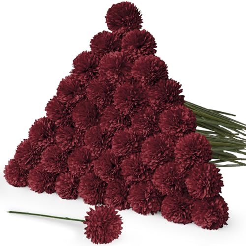 36 Pcs Burgundy Artificial Chrysanthemums Flowers Red Fake Mums Silk Ball Flowers for Fall Home Decor Wedding Table Centerpiece Christmas Floral Arrangements (Burgundy) - color: Burgundy