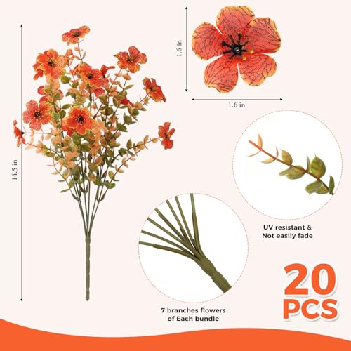 20 Bundles Artificial Fall Flowers for Outdoors Decoration, Fake Mums Silk Daisy Faux Plastic Plants Boston Fern UV Resistant for Autumn Thanksgiving Garden Planters Home Decor, Orange - color: Orange