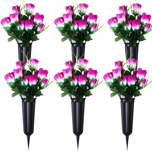 Tigeen 6 Sets Father's Day Cemetery Flowers with Grave Vase 12 Bunches Artificial Rose Memorial Bouquet 84 Heads Fake Silk Flower for Dad Gravesite Graveside Decor(Purple) - color: Purple
