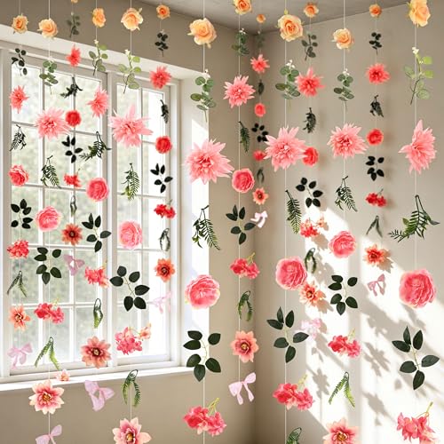 Livole 12Pcs 72Ft Hanging Flower Garland with Bow Pink Wildflower Garlands Backdrop Silk Rose Fake Floral Vines with Hooks for Spring Party Wedding Birthday Anniversary Arch Wall Garden Decor - color: Pink, size: 12Pcs