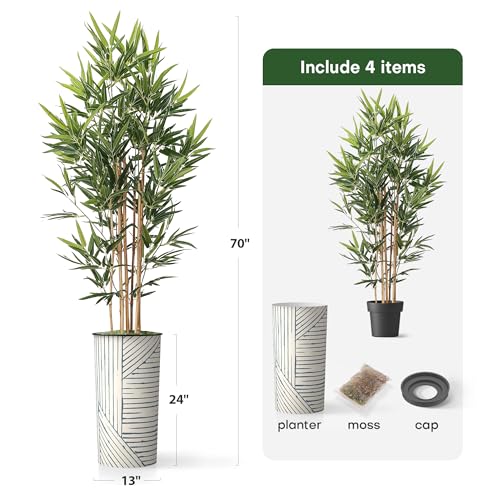 Artificial Tree in Geometric Pattern Planter, Fake Bamboo Silk Tree for Indoor and Outdoor Home Decoration - 70" Overall Tall (Plant Pot Plus Tree) - style: Bamboo