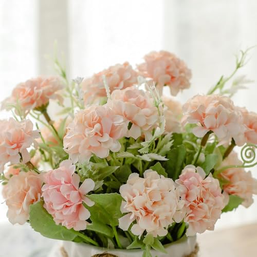 TKAS Fake Flowers Arrangement in Ceramic Vase, Artificial Faux Silk Hydrangea, Small Realistic Dried-Style Floral, Dining Table Centerpiece for Wedding Party Home Decoration (Pink) - color: Pink