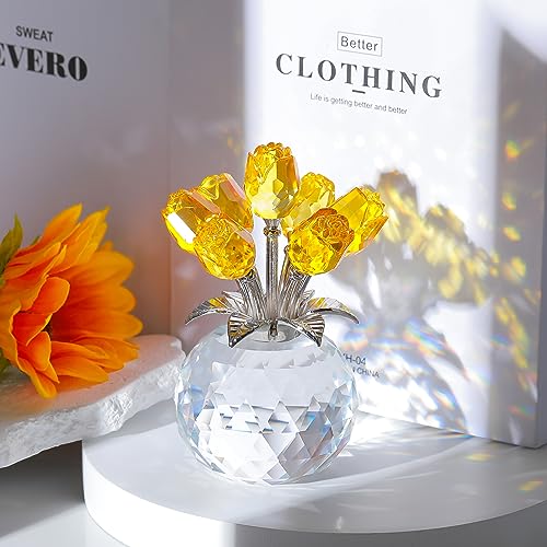 Yellow Rose Flower Crystal Figurine with Vase, Bouquet Flowers Ornament Gifts for Wife Girlfriend Women , Handmade Crystal Flower Collectible Home Table Decor for Valentine's Day Wedding Anniversary - color: Yellow-crystal Rose