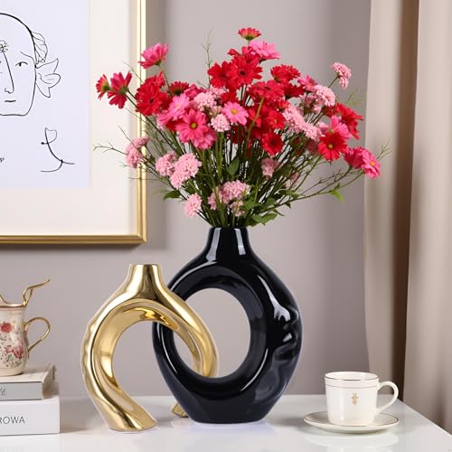 LCCCK Boho Black and Gold Ceramic Vases for Home Decor - Small Hollow Donut Vases for Living Room Table Wedding Centerpiece - color: Black and Gold