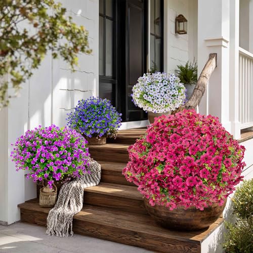 AXYLEX Artificial Flowers for Outdoors, 16 Bundles Fake Plants (Red) | UV resistant faux plastic flowers, no fade artificial greenery – garden, patio, porch & home - color: Red