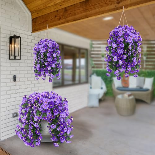 Sggvecsy Artificial Fake Hanging Flowers Plants Outdoor Outside Spring Summer Decoration 4PCS Faux Silk UV Resistant Morning Glory Trailing Vines for Home Porch Patio Balcony(Purple & Light Purple) - color: Purple & Lignt Purple, size: 4Pcs