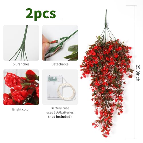 RECUTMS 2Pcs Artificial Red Hanging Flowers with Lights for Outdoor Decoration Fake Hanging Plants Vines with 30 LED String Light UV Resistant Greenery for Indoor Home Garden Party Decor (Lights Red) - color: Lights Red-rose