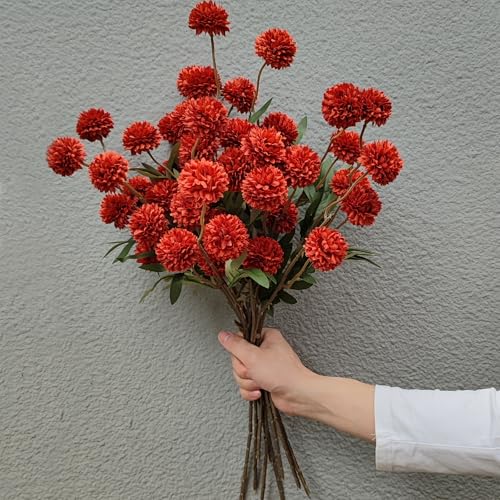 Kinisty 8 Pcs Artificial Flowers Red Faux Silk Pompon Mums, 20" Long Stem Fake Chrysanthemum Bouquet for Vase Farmhouse Home Decor, Wedding Centerpiece - color: Dark Red