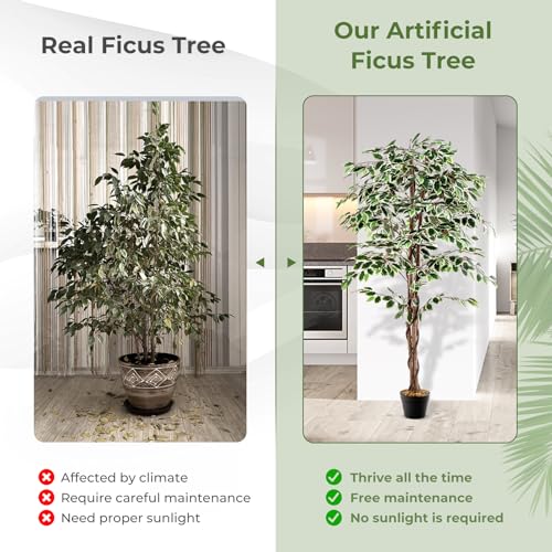 Goplus Artificial Ficus Tree, 5.5ft Tall Lush Faux Tree for Home Decor Indoor with 1008 Leaves, Sturdy Nursery Pot, Decorative Fake Ficus Tree Artificial Plants for Office, Living Room, Porch