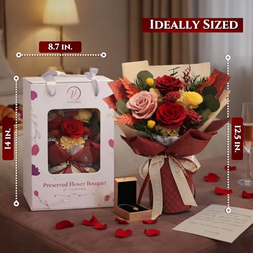 Mother's Day Red Preserved Roses with Vase - Forever Flowers for Mom Wife - Romantic Deep Red Rose Bouquet - Long Lasting Anniversary Birthday Gift for Her - Scented Flower Arrangement - color: Waffle Red