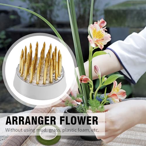16pcs Flower Floral Frog Round Holder Includes 12pcs D23 Copper Pin Arranger+2pcs Kensan Copper Pin Arranger+1*Roll of 42.65ft Tape+1*Silver Corrector with Bell - size: 12PCS-D23+Tape+Straightener