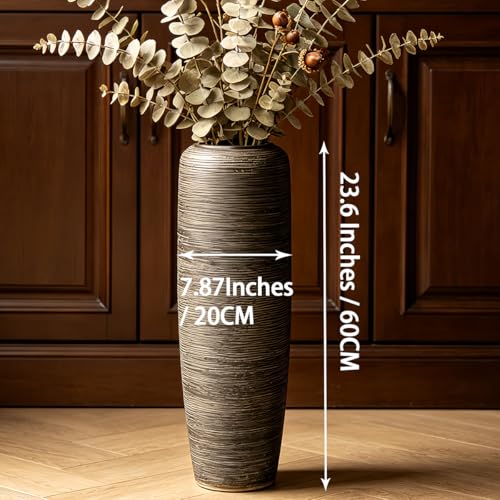 23.6 Inch Rustic Ceramic Large Floor Vase, Ribbed Textured Rustic Farmhouse Vase for Pampas Grass, Living Room & Entryway Décor, Handmade Ceramic Accent - size: 23.6 Inch