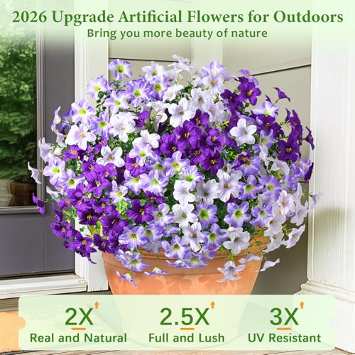 MARTINE MALL 24 Bundles Look Real Artificial Flowers for Outdoors, Realistic Fake Outdoor Flowers, UV Resistant Silk Petunia Flowers for Outside Faux Flowers for Outdoor Garden, Mixed Purple - color: Mixed Purple, size: 24 Bundles