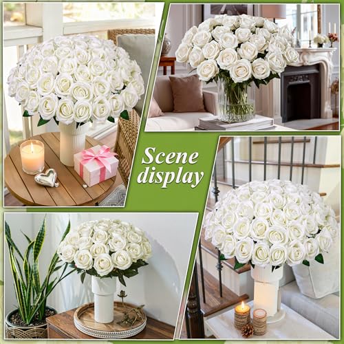 50 PCS Ivory Roses Artificial Flowers, Fake Roses with Stem Realistic Silk Roses for DIY Wedding Bouquets Tables Centerpieces Arrangements Baby Shower Birthday Home Decor Valentine's Day Gift for Her - color: Ivory