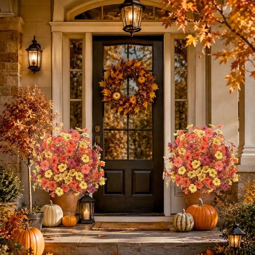 Artificial Topiary Ball Trees, Orange Flower | Ground Spikes, UV Resistant, Faux Greenery Shrubs, For Garden Porch Yard Patio Decor - color: Orange Flower