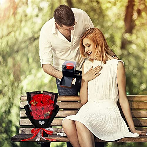 EIGHTOWN Roses Bouquet Artificial Flower - Preserved Red Rose Flowers with Love Necklace for Her - Unique Gifts Valentine's Day, Mother's Day, Thanksgiving, Birthday, Anniversary - color: Bright Red