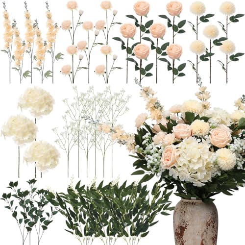Suncalla 36 Pcs Champagne Artificial Flowers Bouquet Set 8 Kind Faux Delphinium Rose Peony Chrysanthemum Hydrangea Baby's Breath Florals with Greenery Long Stem for Wedding Table Vase Decor - color: Champagne