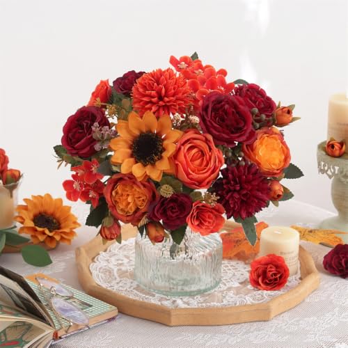 4 Pcs Mixed Autumn Artificial Peony Flower Set-2 Bouquets & 2 Stems, Burnt Orange Wine Red Fake Peony Sunflower Silk Flower for Fall Table Centerpiece Farm Wedding Thanksgiving Halloween Home Decor - color: Burnt Orange & Burgundy, size: Mixed 4pcs