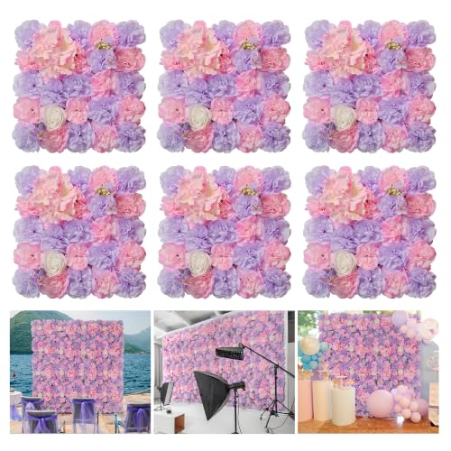 Flower Wall Backdrop 6 Piece of 16.5x16.5 Inch Artificial Floral Wall Panel Faux Silk Rose Wall Decor Ideal for Wedding Celebrations, Festive Party Backdrops, and Home Decor-Pink and Purple - color: Pink and Purple, size: 16.5inch