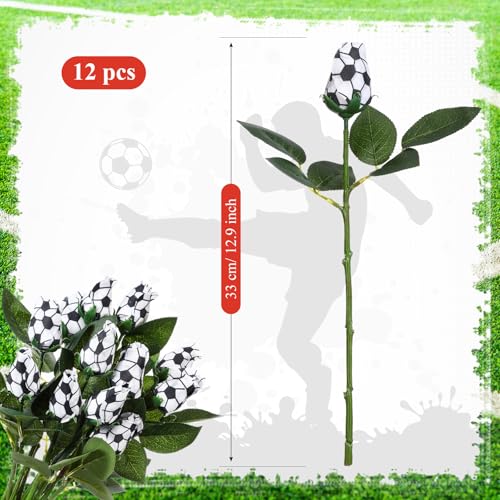 Suhine 12 Pcs Artificial Soccer Rose Flowers Sports Party Favors Bulk for Birthday Graduation Wedding Party Decorations Table Centerpieces Mom Fans Team Coach Senior Night Gift (Soccer Color, Normal) - color: Soccer Color, size: Normal
