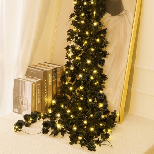 BLEUM CADE 5Pcs 41Ft Flower Garland Artificial Rose Vines with 32.8Ft String Lights, Cute Fake Hanging Flower Vines Floral Garland Decorations for Halloween Wedding Party Room Decor Aesthetic - color: Black With Lights, size: 5 Pcs