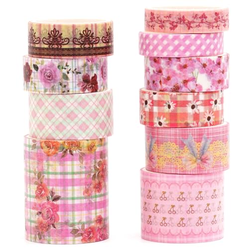 10 Rolls Vintage Floral Washi Tape Set Pastel Plaid Arts Adhesive Tapes Soft Colors Decorative Masking Tape Sets for Craft, Kids, Scrapbook, DIY, Gift Wrapping (Pink Blossom) - color: Pink Blossom
