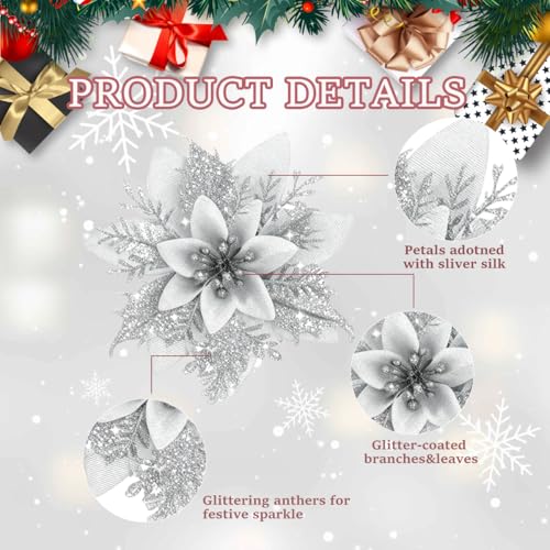 16Pcs Silver Poinsettia Flowers Artificial Christmas Flowers Decorations with Clips, Glitter Poinsettia Christmas Decorations for Xmas Tree Ornaments Winter Party Wreath Decor - size: 16PC Silver Poinsettia