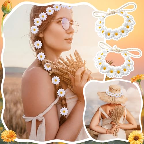 Boao 12 Pcs Daisy Headband Set for Women Girls, 2 Boho Hippie Flower Crown with 10 Daisy Hair Clips, Floral Hair Accessories for Music Festival Wedding Party Fairy Photoshoot - color: White