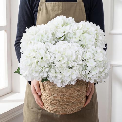 6 Pcs 14 Inch White Artificial Hydrangea Flowers with Woven Handle Basket and Floral Foam, Full Silk Fake Hydrangeas Kit for Handheld Bouquet Wedding Table Centerpieces Home Decor