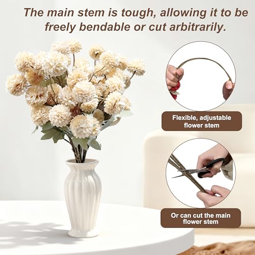 12pcs Artificial Flowers Faux Silk Pompon Mum, Fake Kiku Flowers with 21" Long Stems & 5 Heads Each Stem, Mini Small Chrysanthemum with Stems for DIY Wedding Bouquets Centerpieces Home Decor - color: Beige, size: 12 PCS