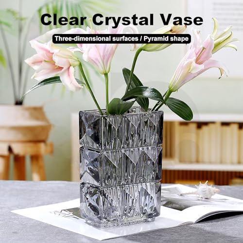 Gray Crystal Flower Vase Heavyweight Smoked Glass Centerpiece Modern Dark Vases for Living Room Industrial Home Decor Spotless Finish 5.1x3.11x7.88 in 1 Pc - color: Clear Gray
