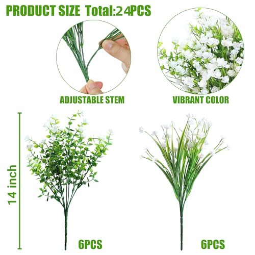 Sggvecsy Artificial Flowers for Outdoors 24 Bundles UV Resistant Boxwood Shrubs Artificial Eucalyptus Fake Plants Faux Plastic Greenery for Farmhouse Garden Home Indoor Outdoor Decoration（White） : Home & Kitchen