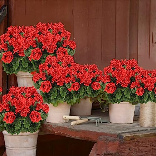 CISDUEO 2 Pcs Artificial Geranium Flowers for Outdoors Silk Flowers Outside UV Resistant Red Fake Geraniums Bush Faux Flowers for Planter Outdoor Decor Indoor Garden Patio Table Centerpiece - color: Red