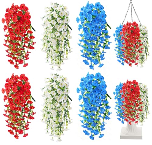 Artificial Hanging Flowers for Outdoor, 6PCS Red White and Blue Artificial Hanging Petunias Flowers, 4th of July UV Resistant Realistic Faux Morning Glory for Outside Patio Memorial Day Decor - color: Red White Blue