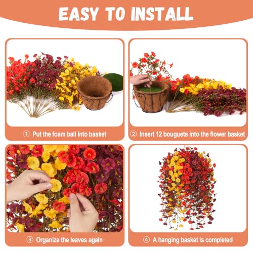 INXUGAO 12 PCS Fall Artificial Flowers Fake Plants with Hanging Basket | Realistic Silk Morning Glory Petunia Long Vines for Outdoor Garden Patio Front Porch Decor - color: Brown Orange Yellow