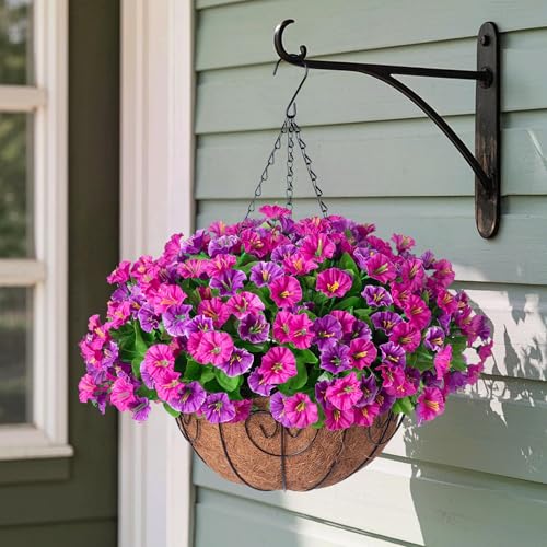 Ammyoo Artificial Hanging Flowers with Basket, Faux Silk Petunias Flower Arrangement, Coconut Lining with Morning Glories Fake Plants Patio Garden Porch Deck Spring Summer Decor(Lotus and Fuchsia) - color: Lotus and Fuchsia